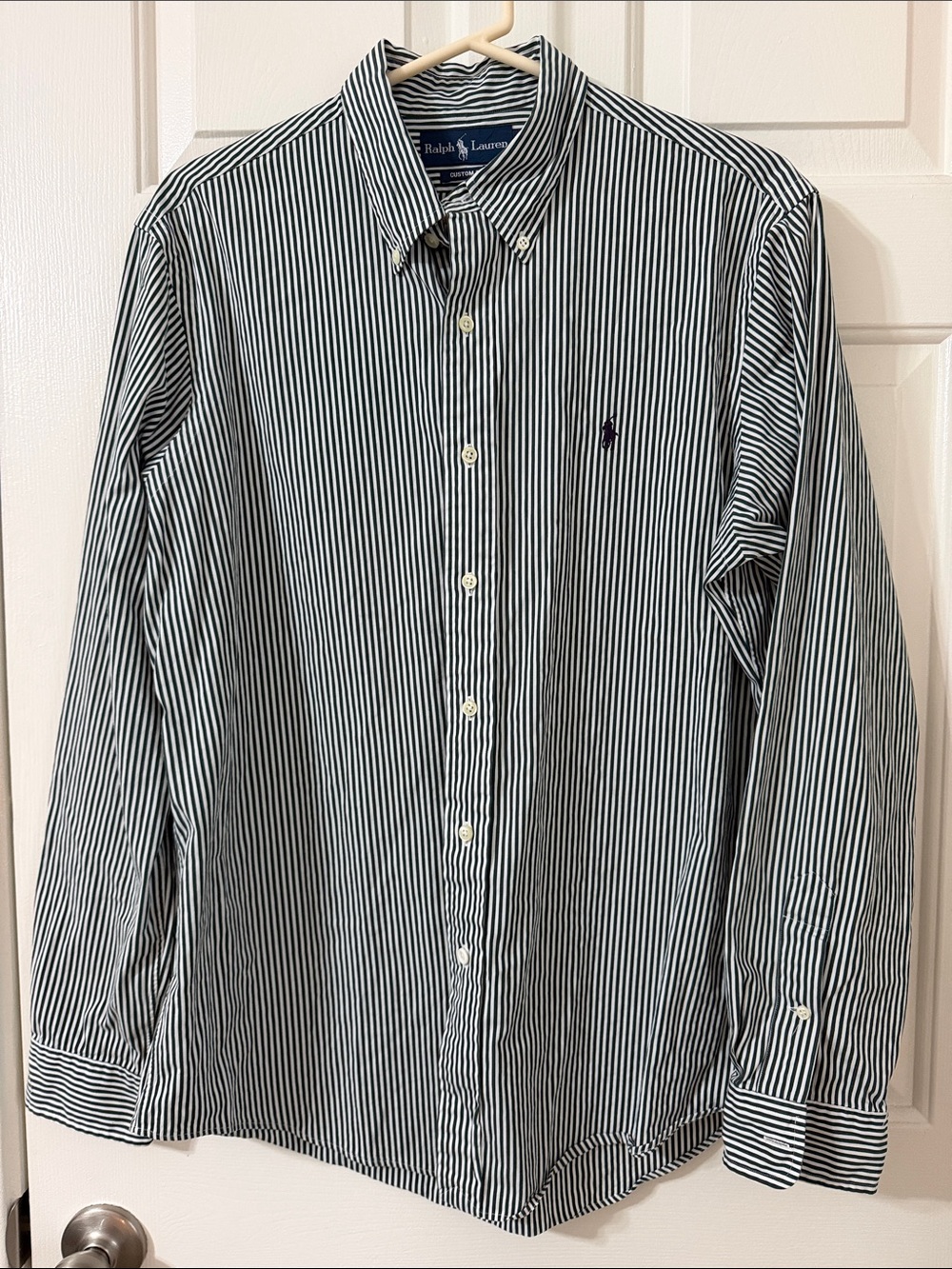 Polo Ralph Lauren Green/White Stripe Long Sleeve Button Up Shirt w/ Purple Pony